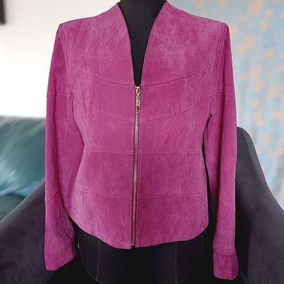 Guillaume magenta suede collarless V-neck zip front jacket - Picture 3 of 16